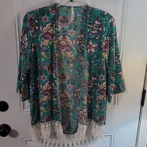 Teal Floral Lace-Trim Kimono Top